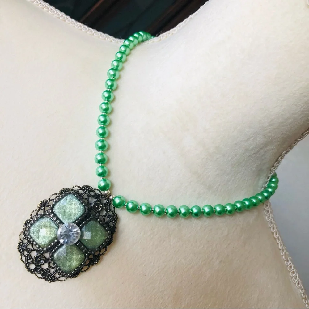 Handcrafted repurpose speckle green glass pendant Czech glass Pearl necklace